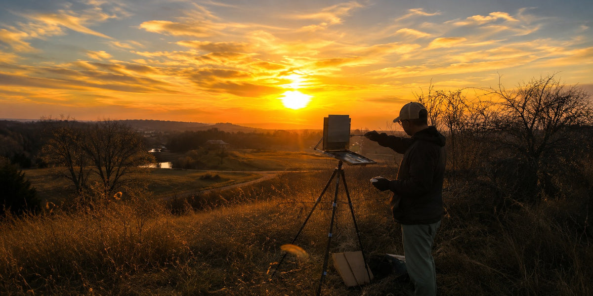 Jeremy Vlcan painting at his easel on a hillside at sunset